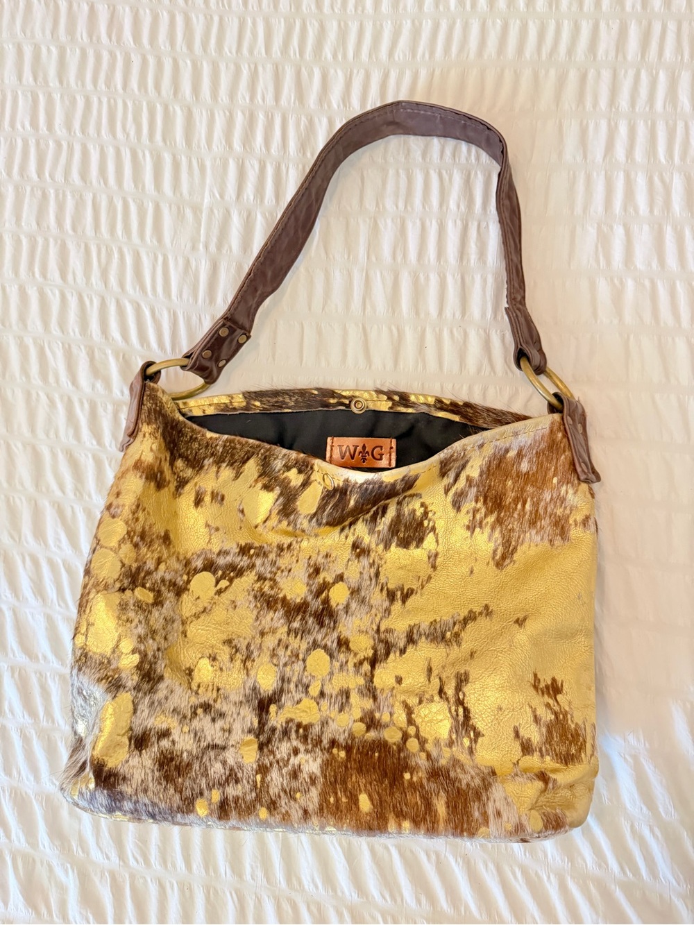 Wild Goose Genuine Cowhide Hair-On Shoulder Bag Gold Metallic Acid Wash Western